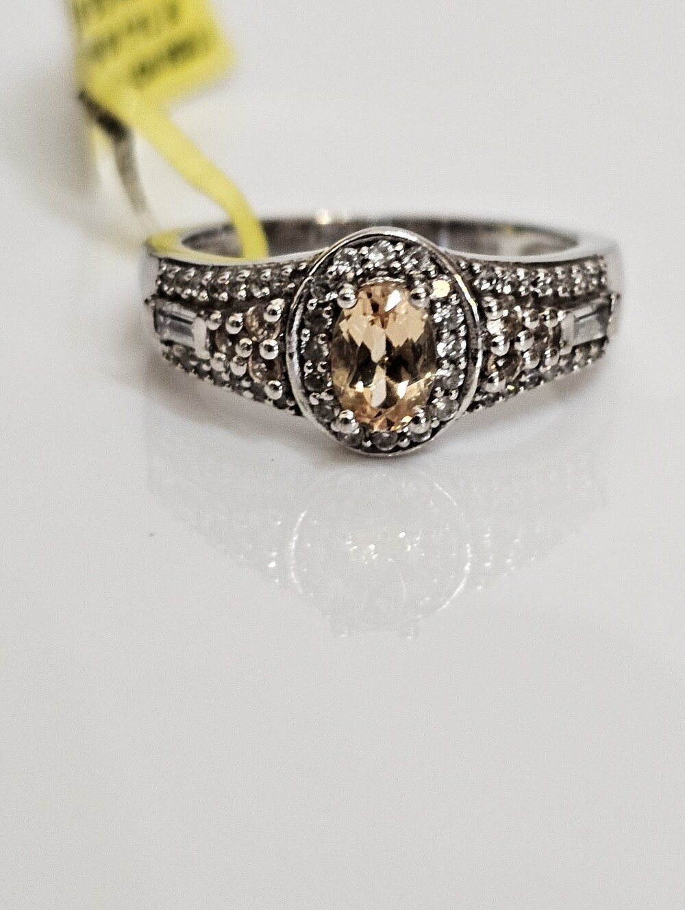 Genuine Yellow Sapphire & Zircon Ring Sterling Silver Platinum Overlay Size 7!
